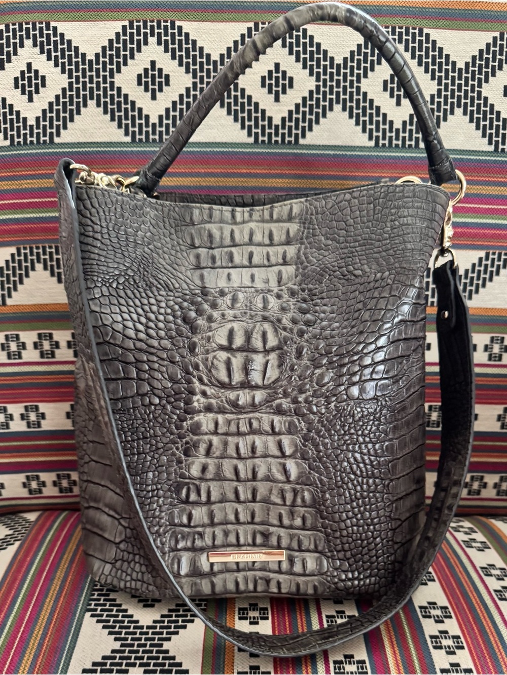 Brahmin Amelia Dark Grey Ombre Melbourne Leather Bucket Bag